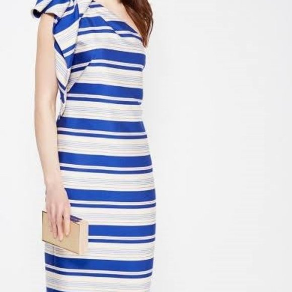 New Banana Republic  fitted Sheath Dress blue Stripe One-Shoulder Bow Size 4 - Picture 2 of 10